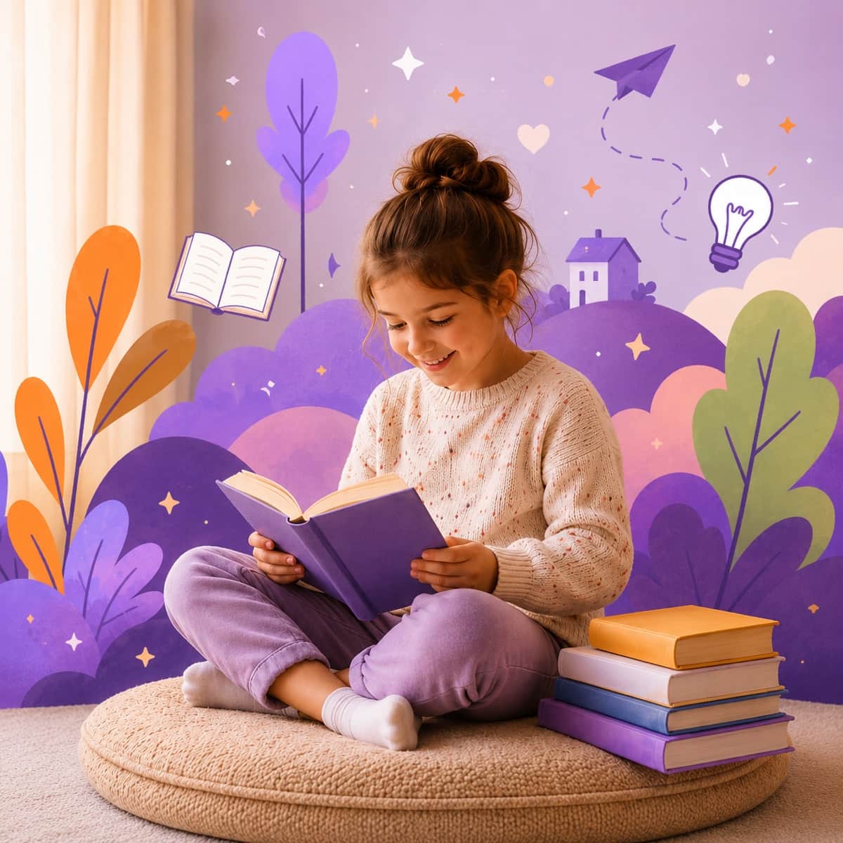Niña leyendo rodeada de libros y elementos que representan la curiosidad y el aprendizaje