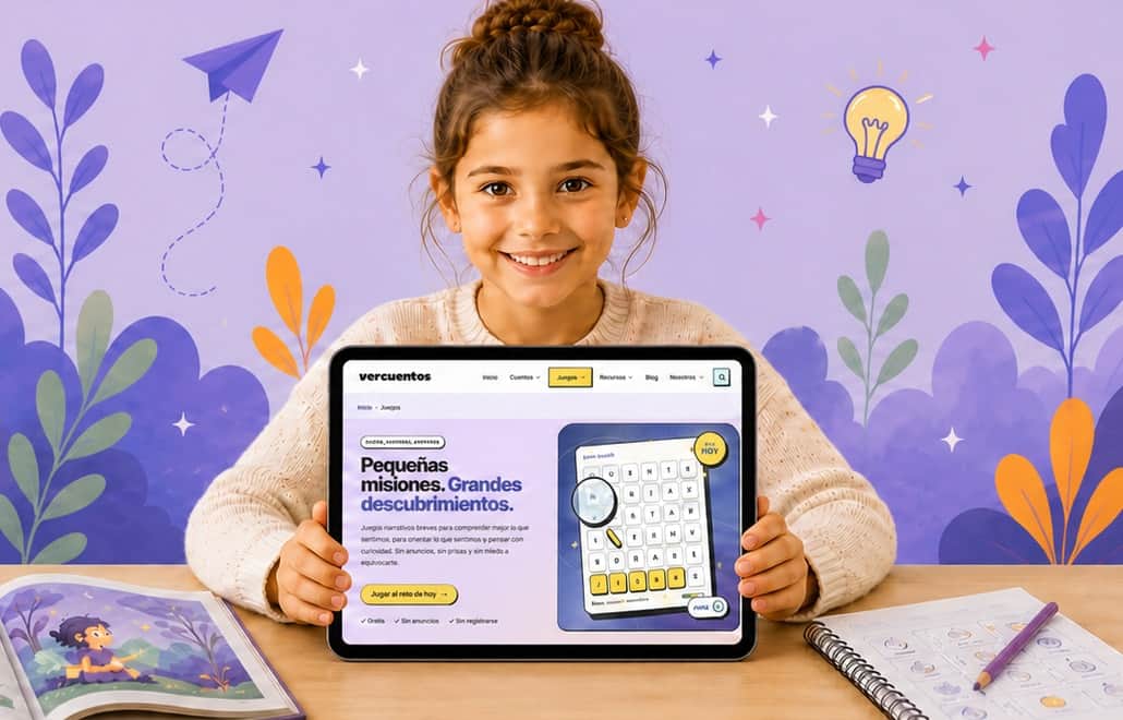 Niña mostrando en una tableta la página de juegos de Vercuentos, junto a un cuento y un cuaderno de actividades