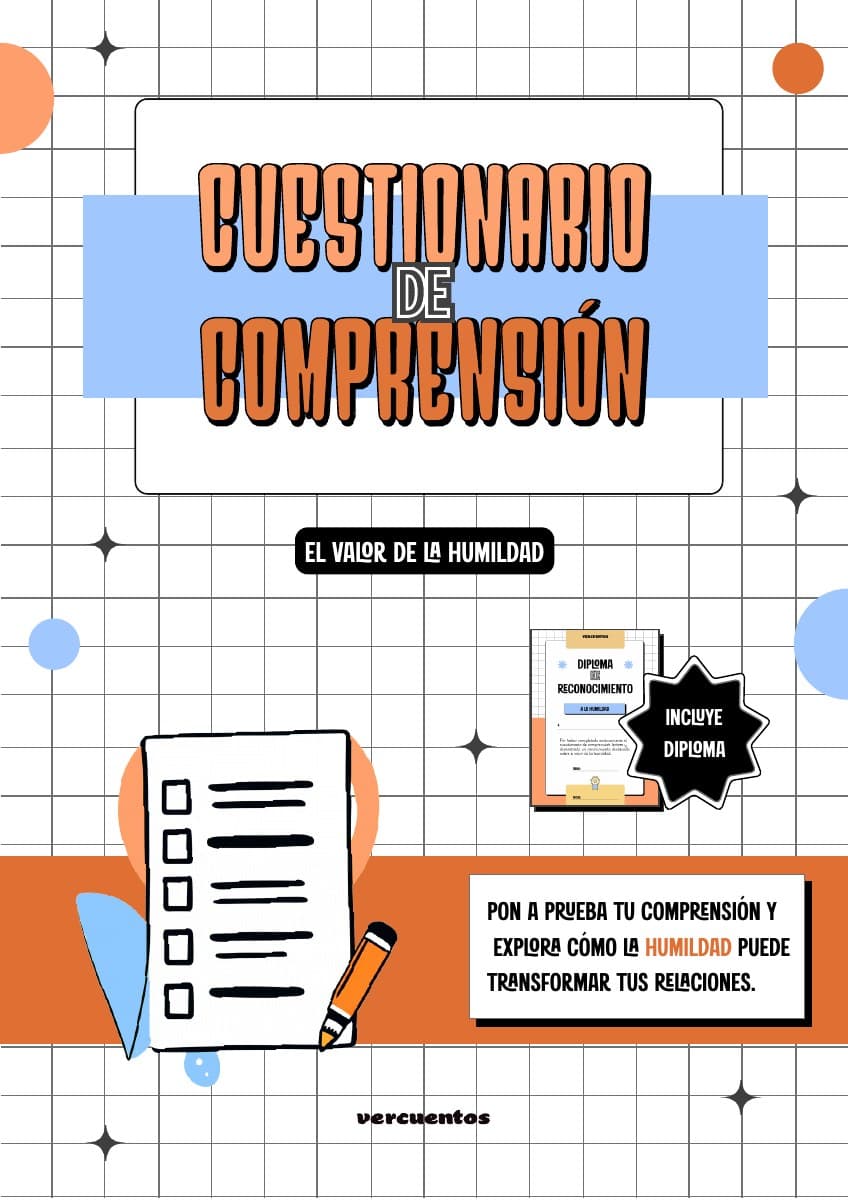 Portada del cuestionario de comprensión de El valor de la humildad; incluye diploma
