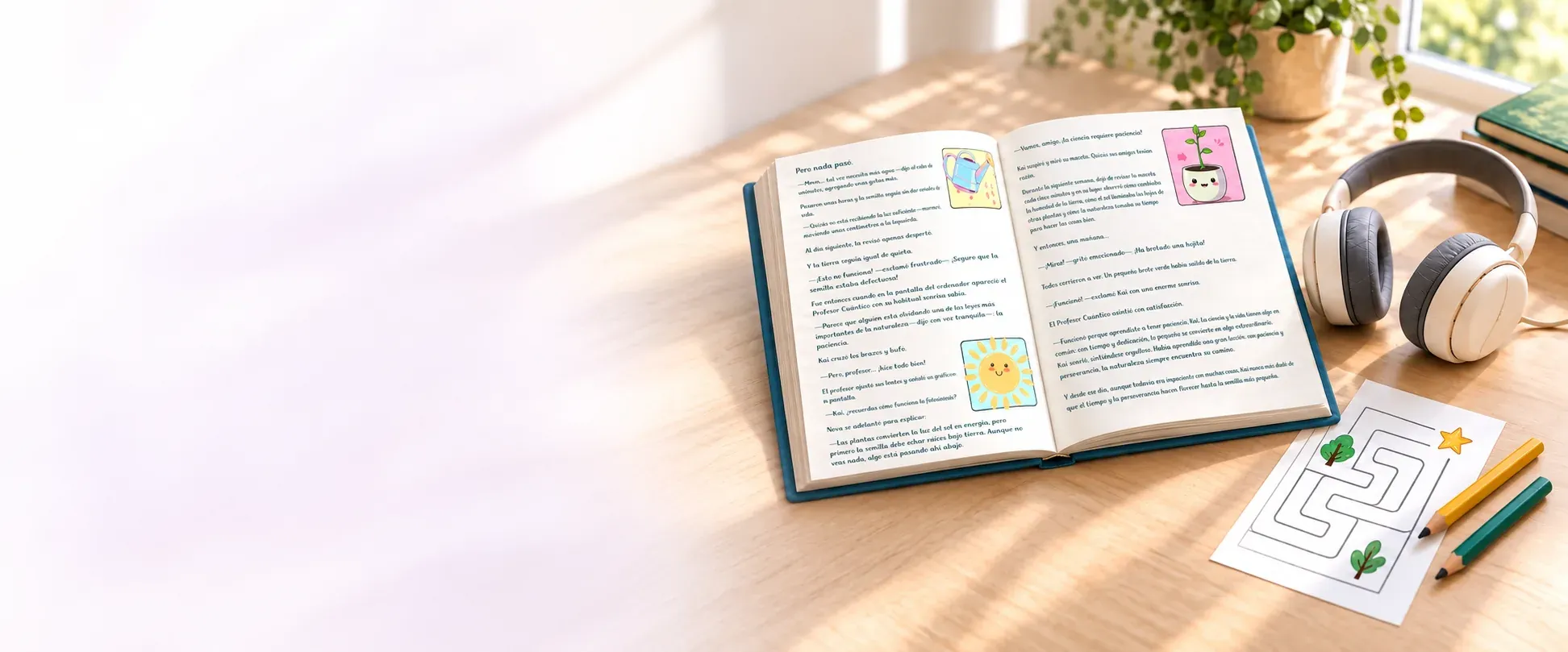 Libro abierto con páginas de La planta que no crecía, auriculares y una ficha de actividades