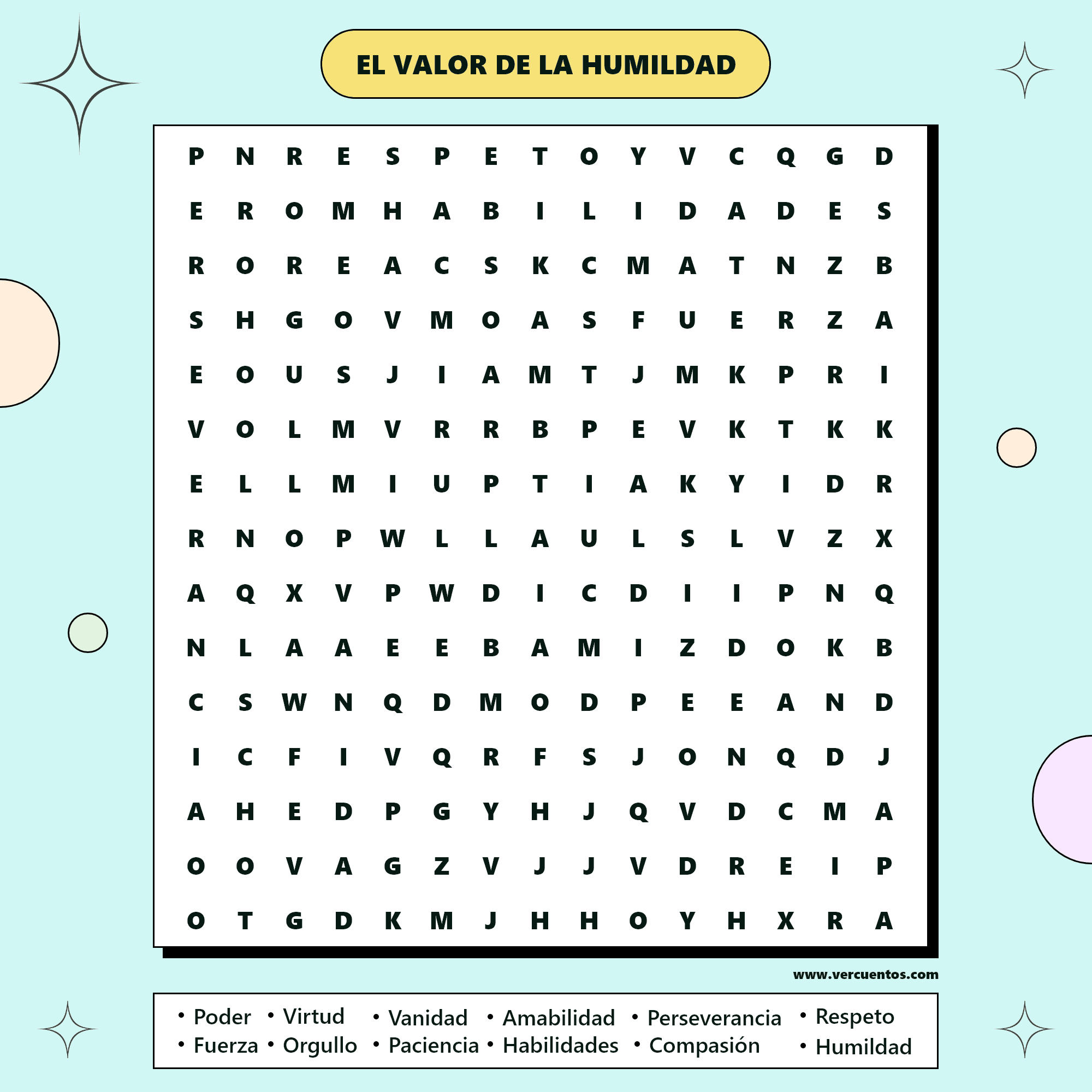 Sopa de letras sobre el valor de la humildad
