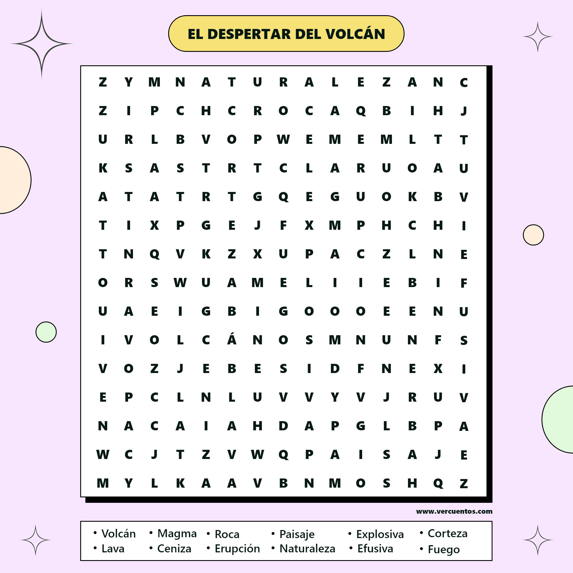 Sopa de letras sobre el despertar del volcán