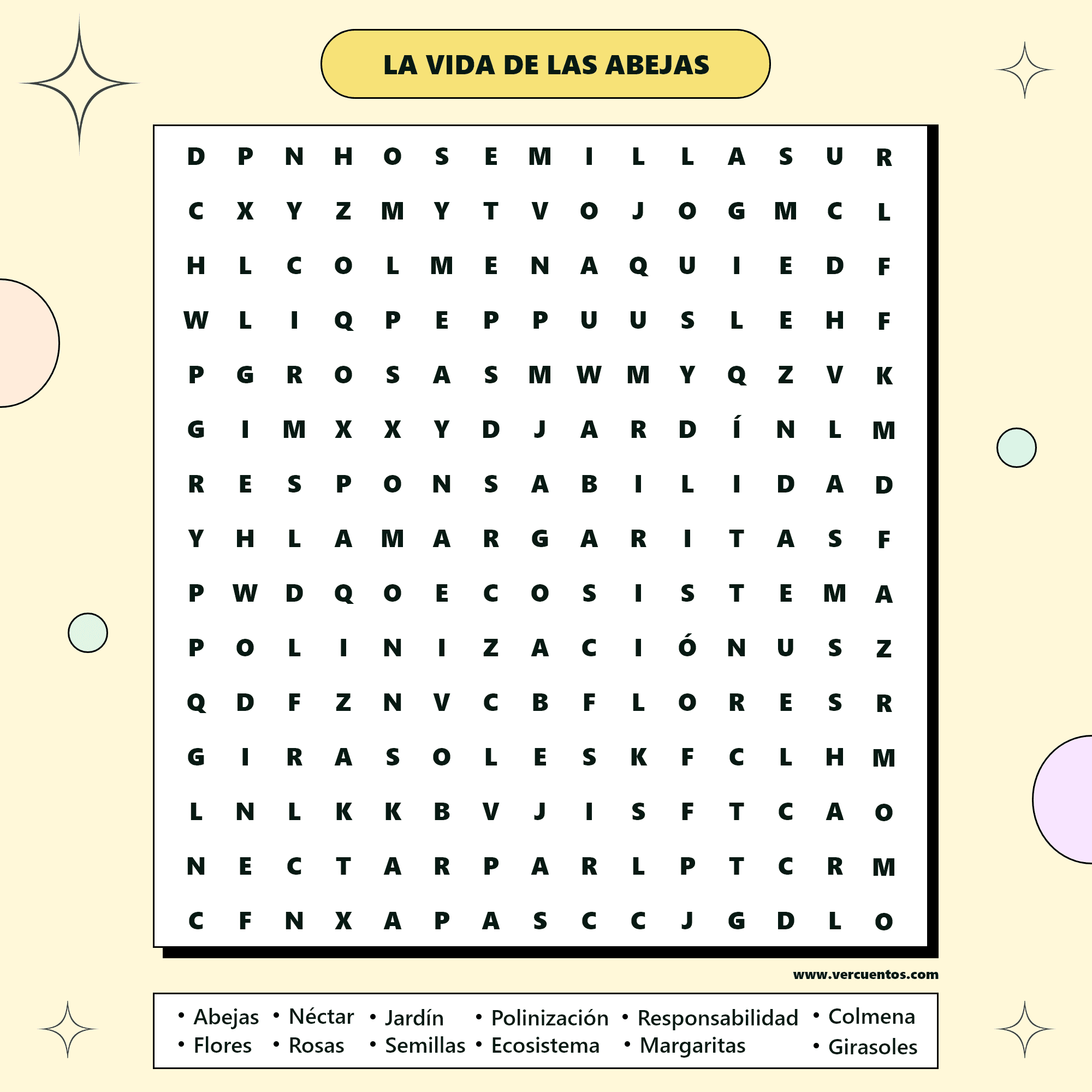 Sopa de letras sobre las abejas y la polinización