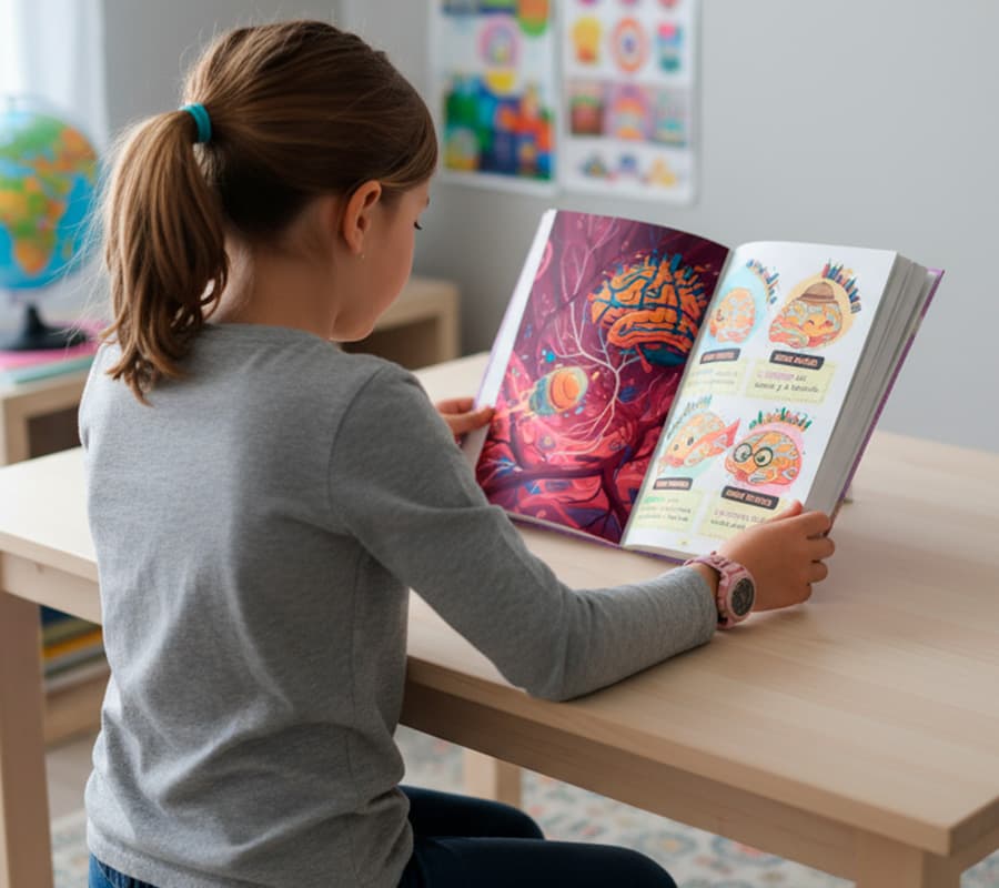 Una niña leyendo el cuento Viaje al centro del pensamiento de los Investinautas