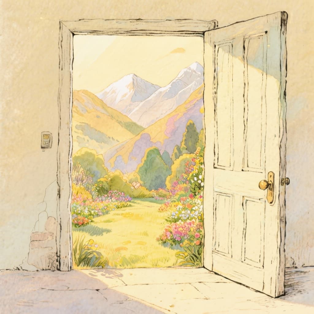Una puerta abierta hacia un paisaje, símbolo del nivel Pequeño Explorador
