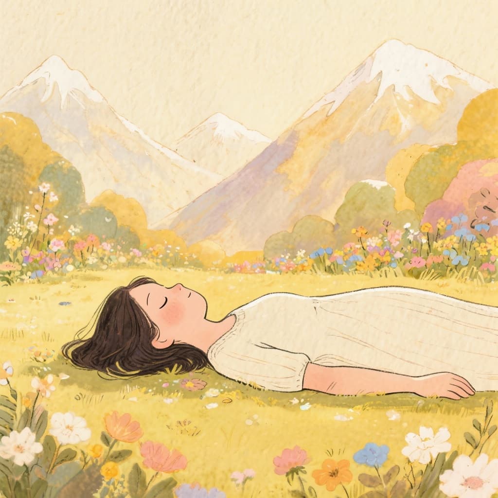 Una niña descansa entre flores y montañas, símbolo del nivel Pequeño Soñador