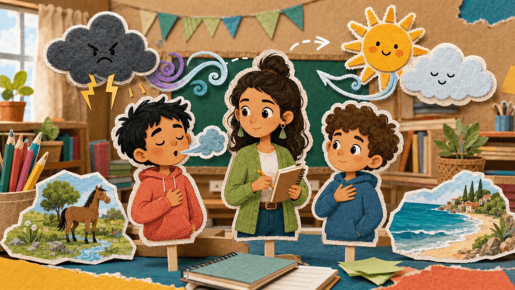 Cuento infantil Vamos a calmarnos con niños respirando en clase para aprender a gestionar la ira