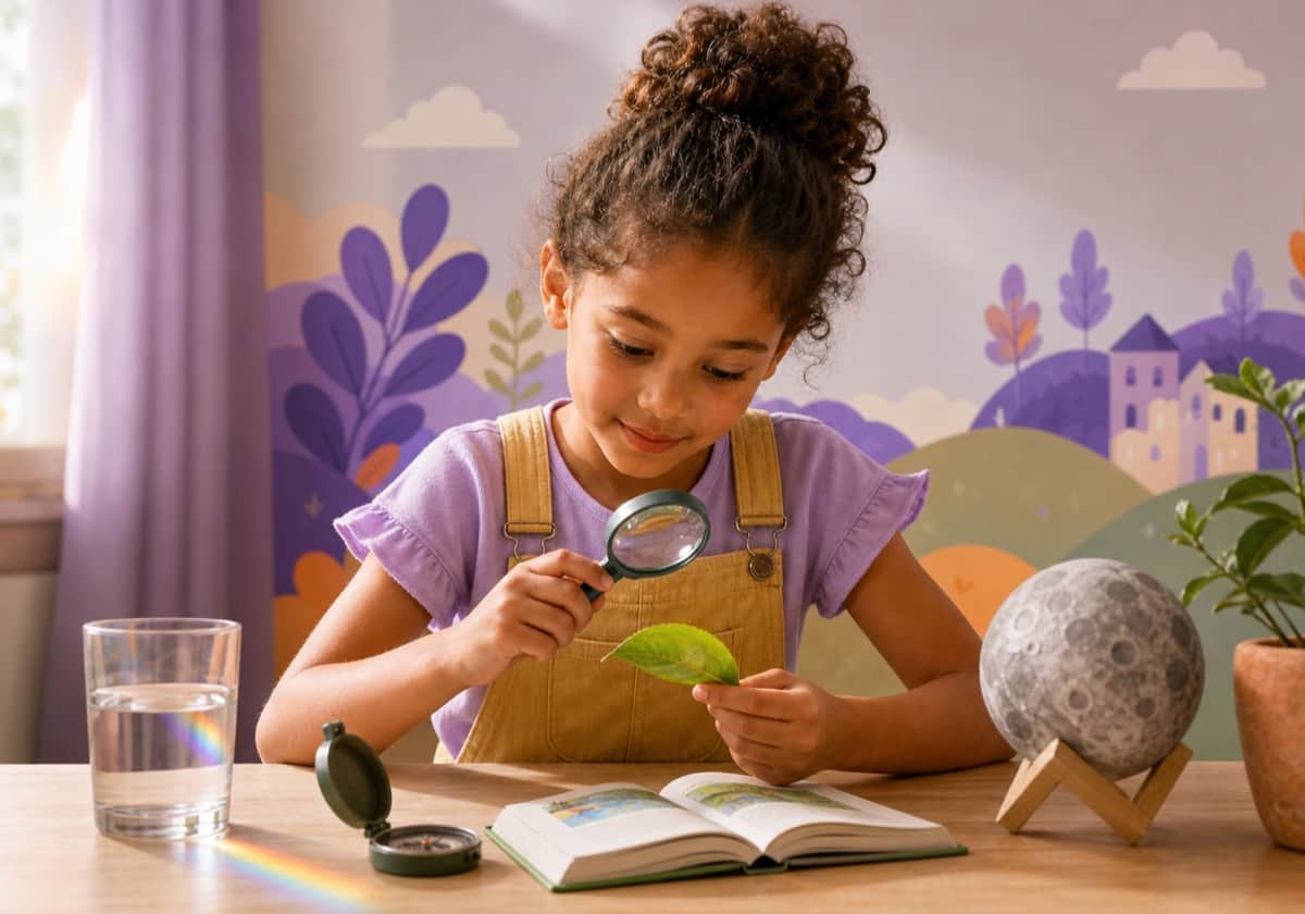 Niña observando una hoja con una lupa en un rincón lleno de objetos para explorar