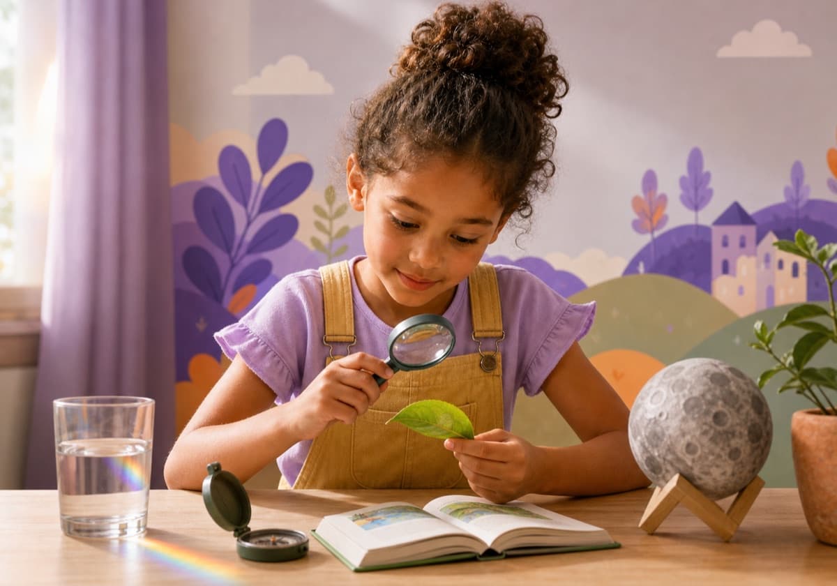 Niña observando una hoja con una lupa en un rincón lleno de objetos para explorar