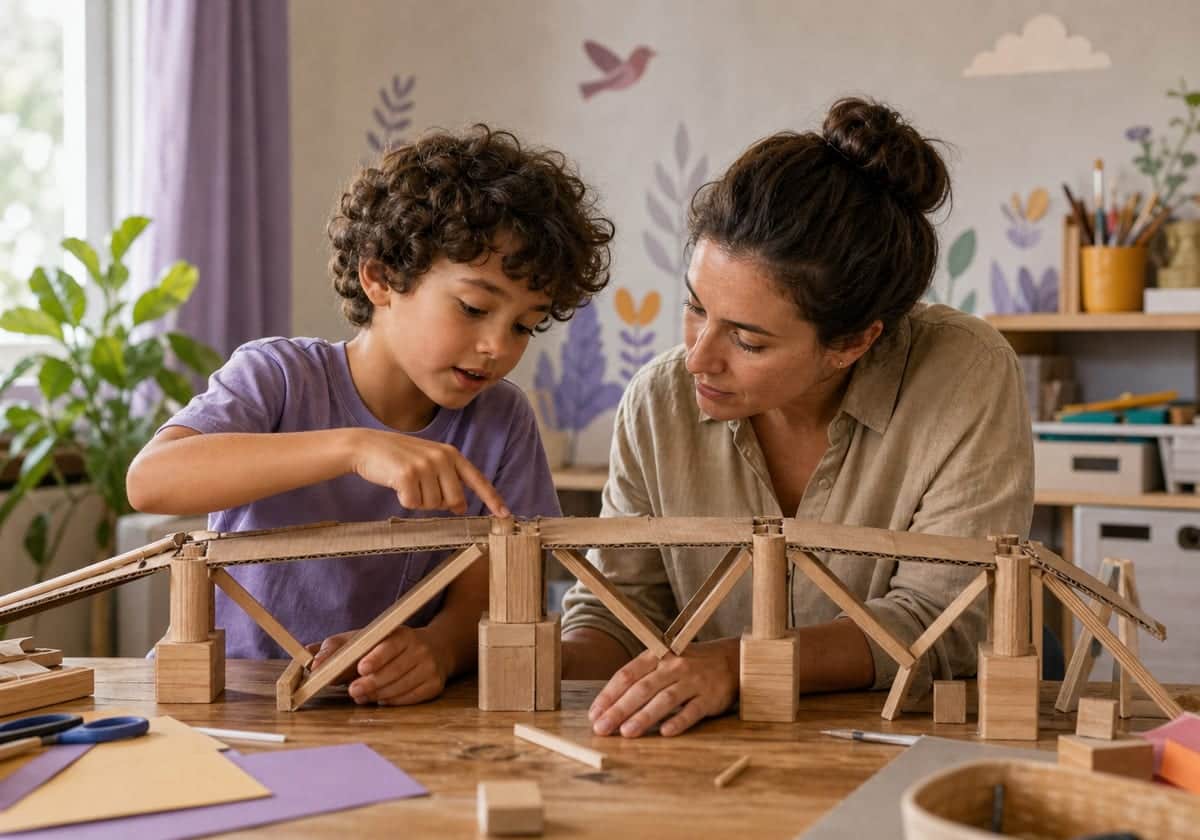 Un niño señala un detalle de un puente de cartón mientras una adulta observa la construcción