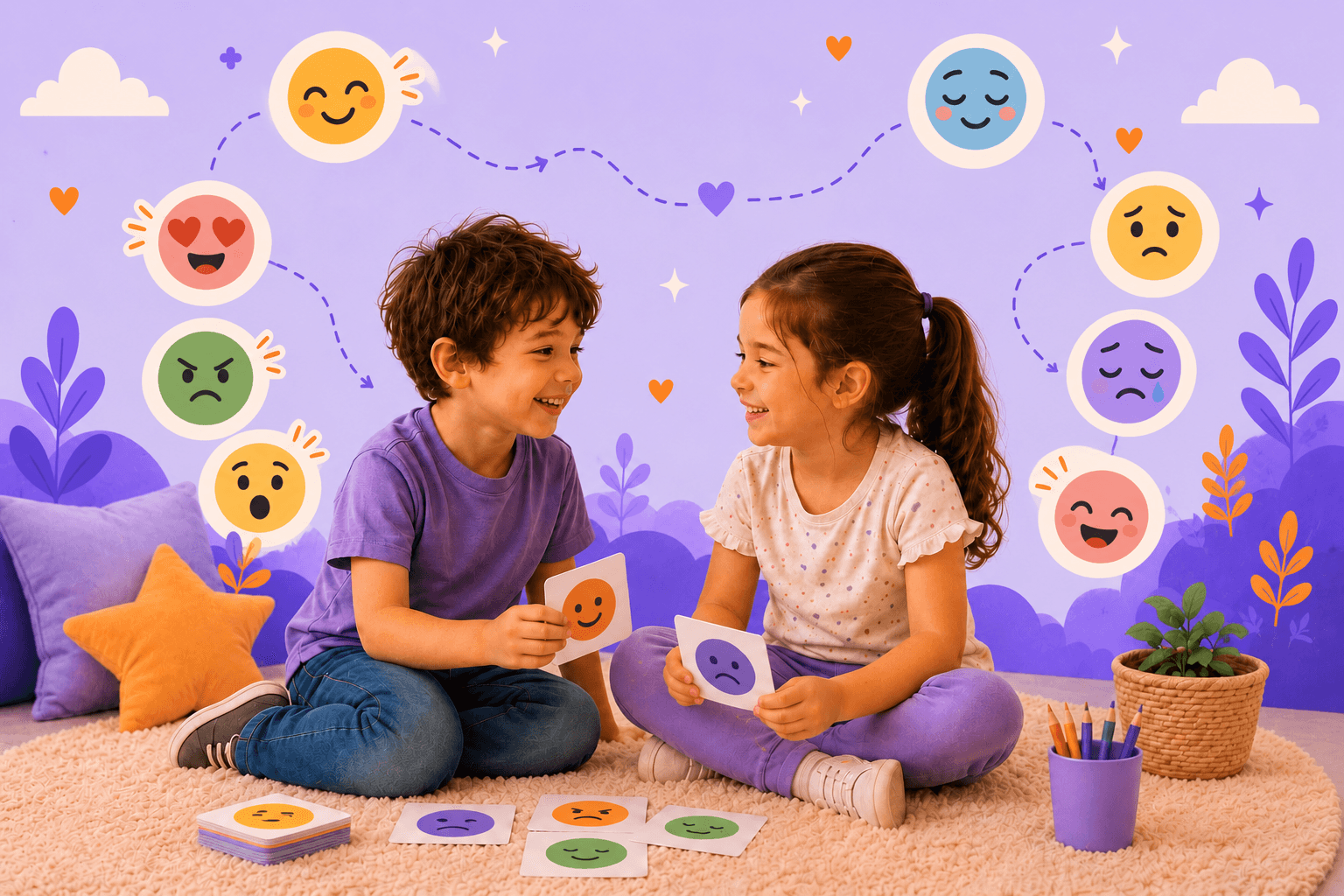 Dos niños conversan con tarjetas ilustradas que representan distintas emociones