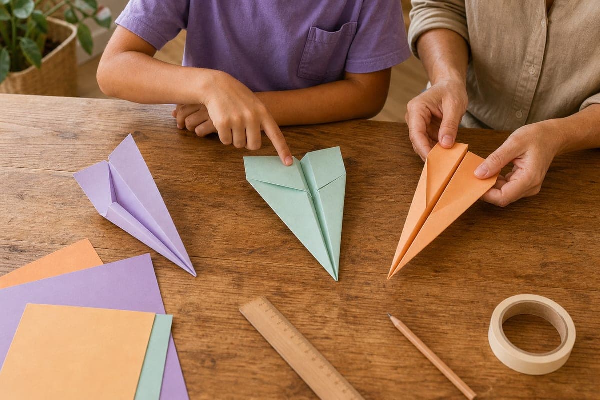 Un niño y una persona adulta comparan tres aviones de papel de colores sobre una mesa