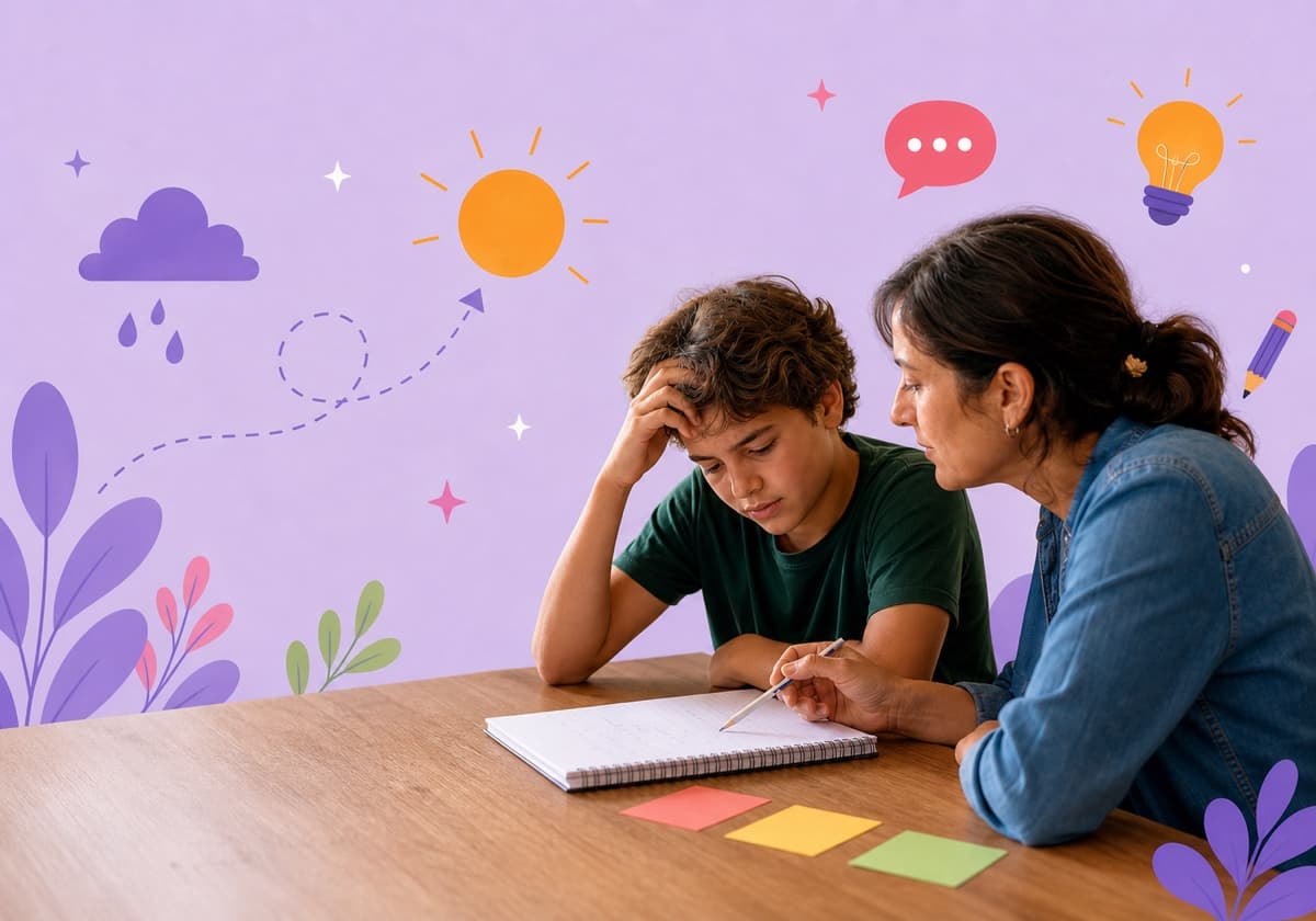 Un niño se detiene ante un ejercicio mientras una persona adulta lo acompaña con calma, sobre un fondo ilustrado de emociones y aprendizaje