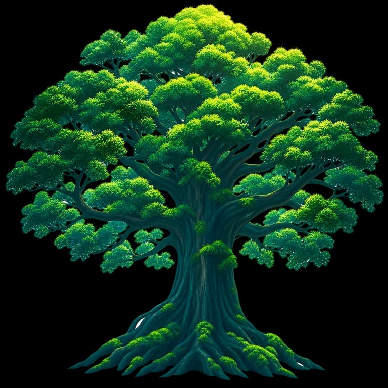 El árbol gigante, de tronco ancho, raíces extendidas y copa verde