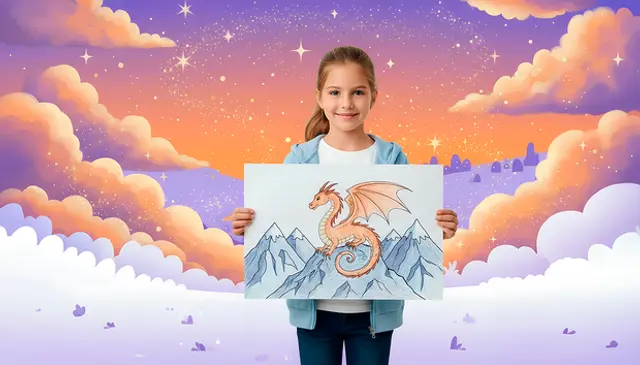 Una niña muestra su dibujo de un dragón entre montañas sobre un cielo ilustrado