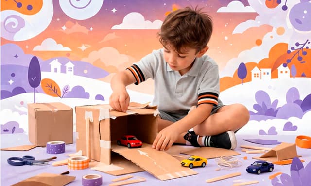 Un niño construye un garaje de cartón para sus coches sobre un fondo ilustrado