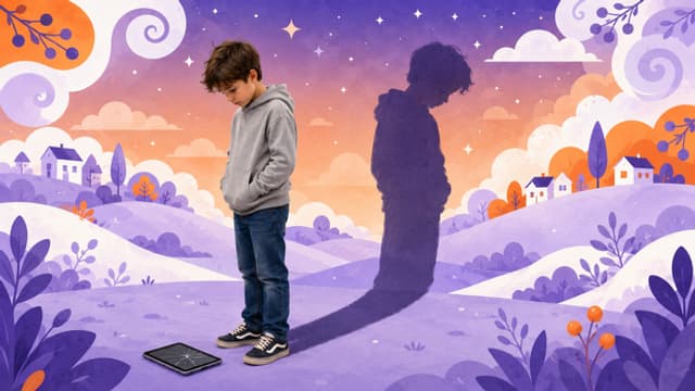 Un niño junto a una tablet rota y una sombra alargada sobre un paisaje ilustrado