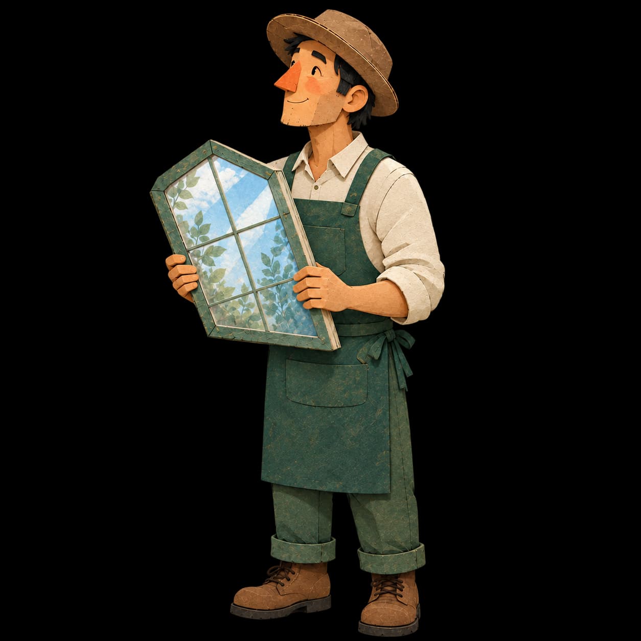Elio, el jardinero con sombrero marrón y delantal verde, sostiene un panel de cristal