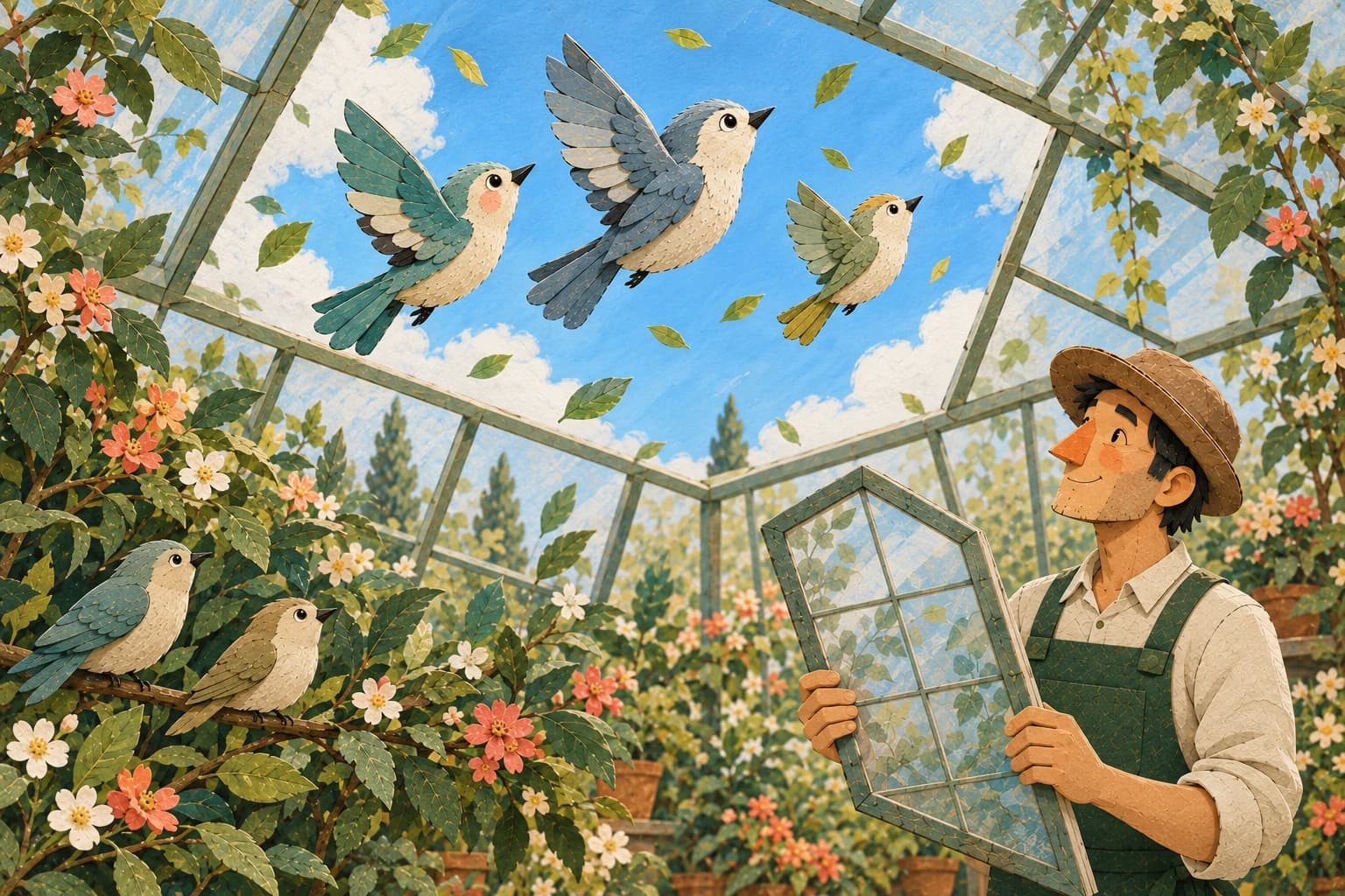 Lira, Bruma y Nilo vuelan por la abertura del techo; Elio sostiene el panel retirado y otras aves permanecen en el jardín