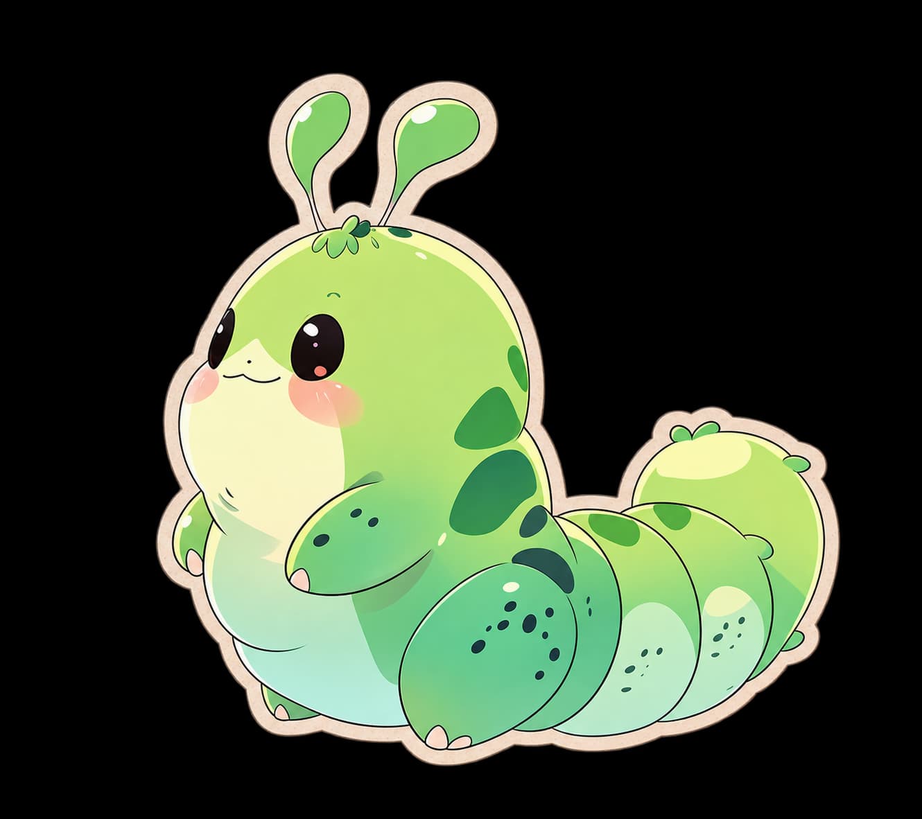 Olivia, la oruga verde sonriente con dos antenas y manchas oscuras