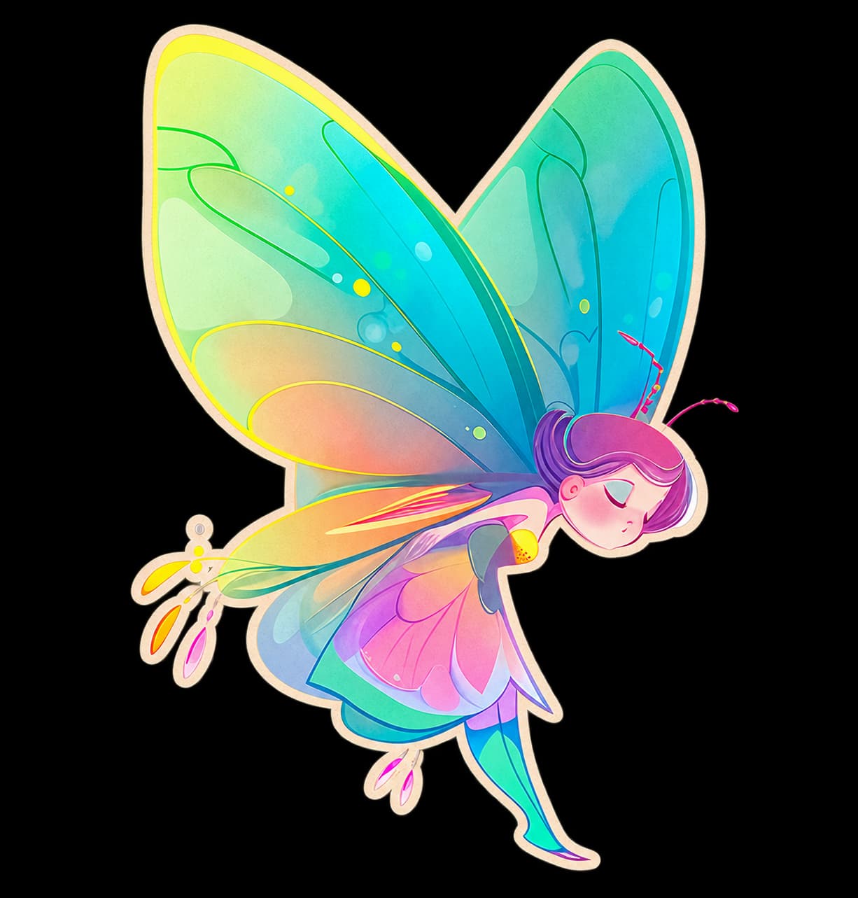 Violeta, la mariposa de alas turquesas y amarillas, pelo violeta y vestido rosa