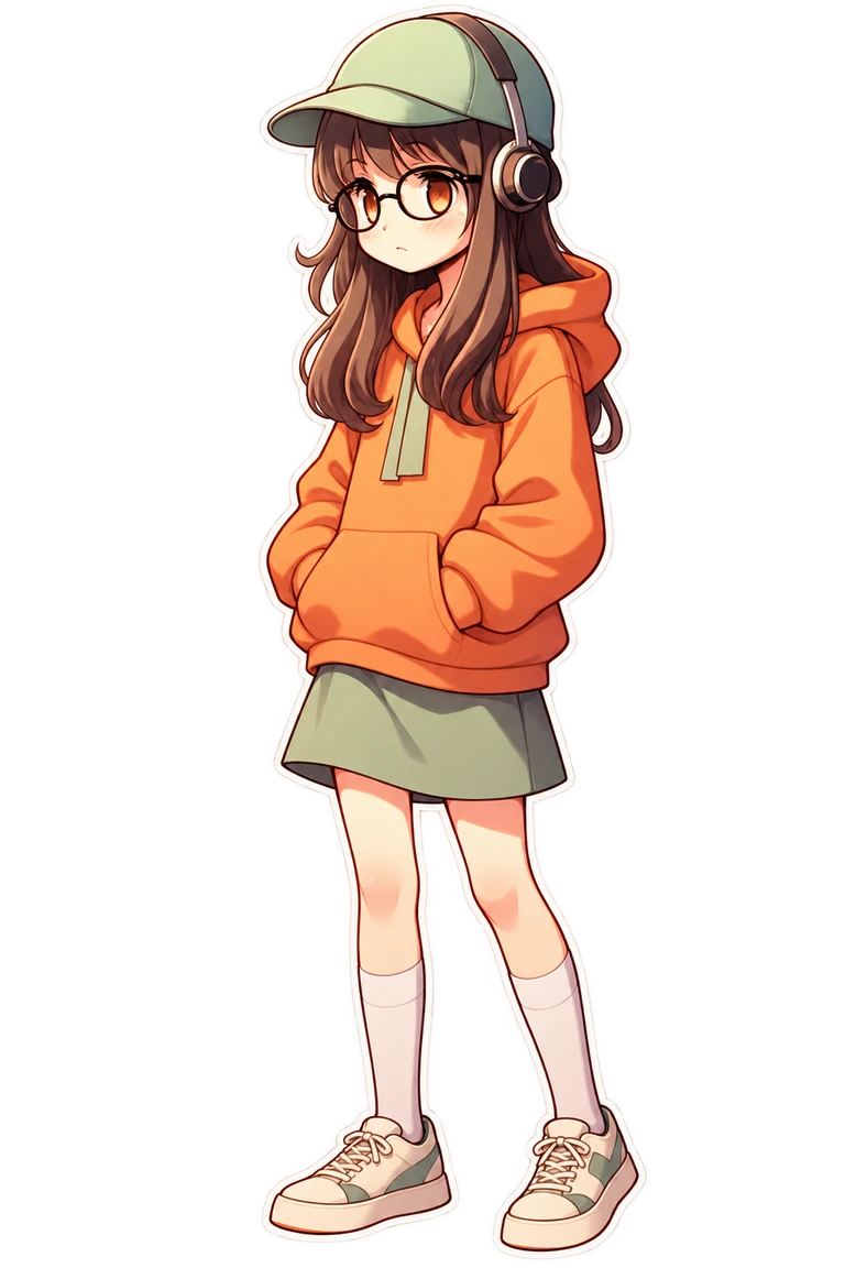 Amelia con gafas redondas, gorra verde, auriculares y sudadera naranja