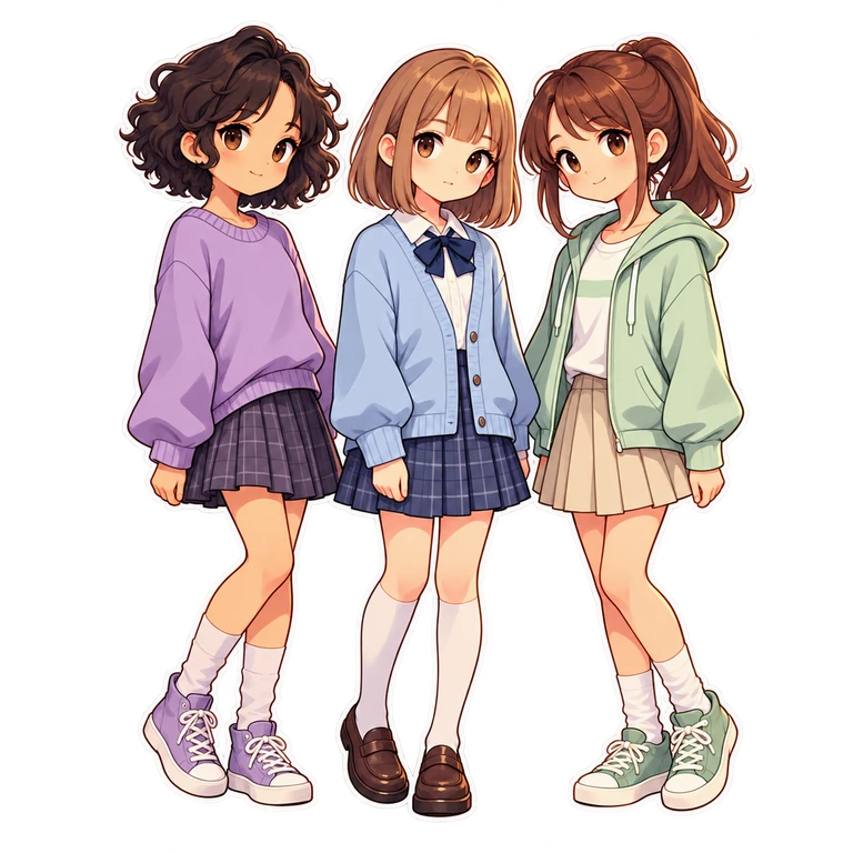 Tres compañeras del colegio ilustradas en grupo, con ropa azul, lavanda y verde