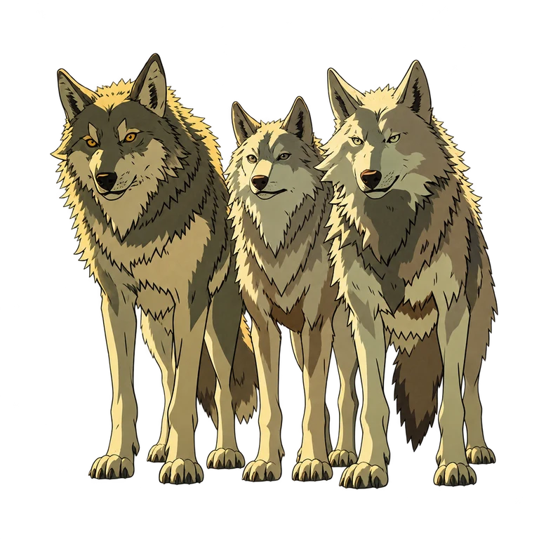 Un grupo de lobos grises y marrones, que representa a las manadas del cuento