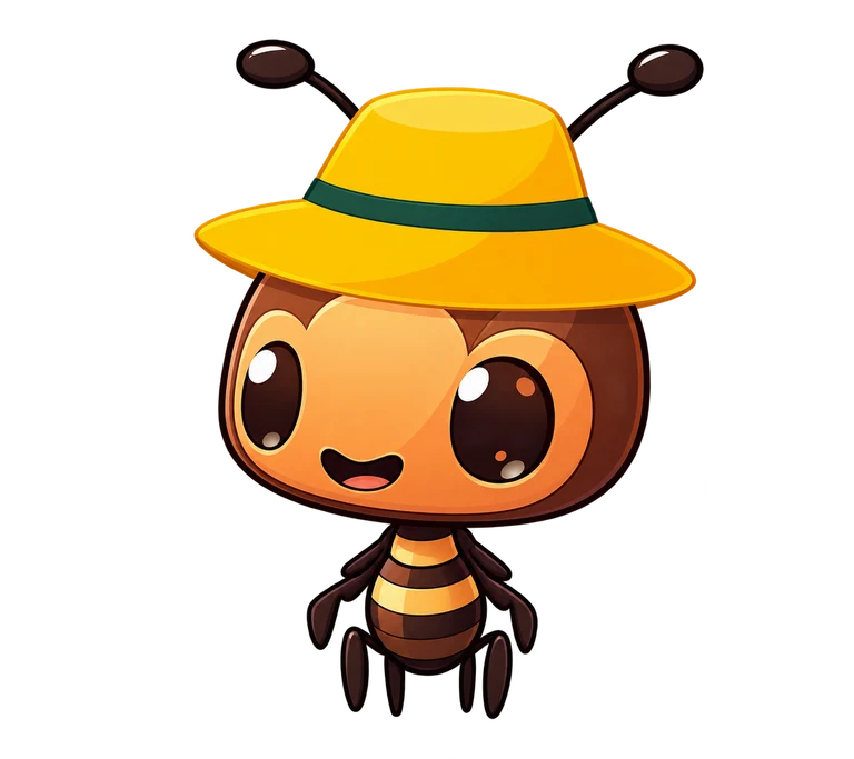 Solitaria, la hormiga marrón con grandes ojos y sombrero amarillo de cinta verde