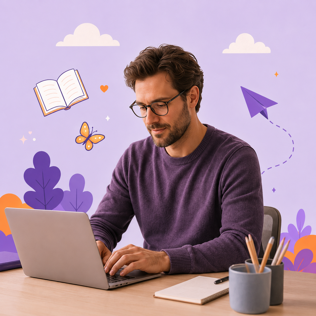 Autora trabajando en su cuento educativo frente a la web de Vercuentos