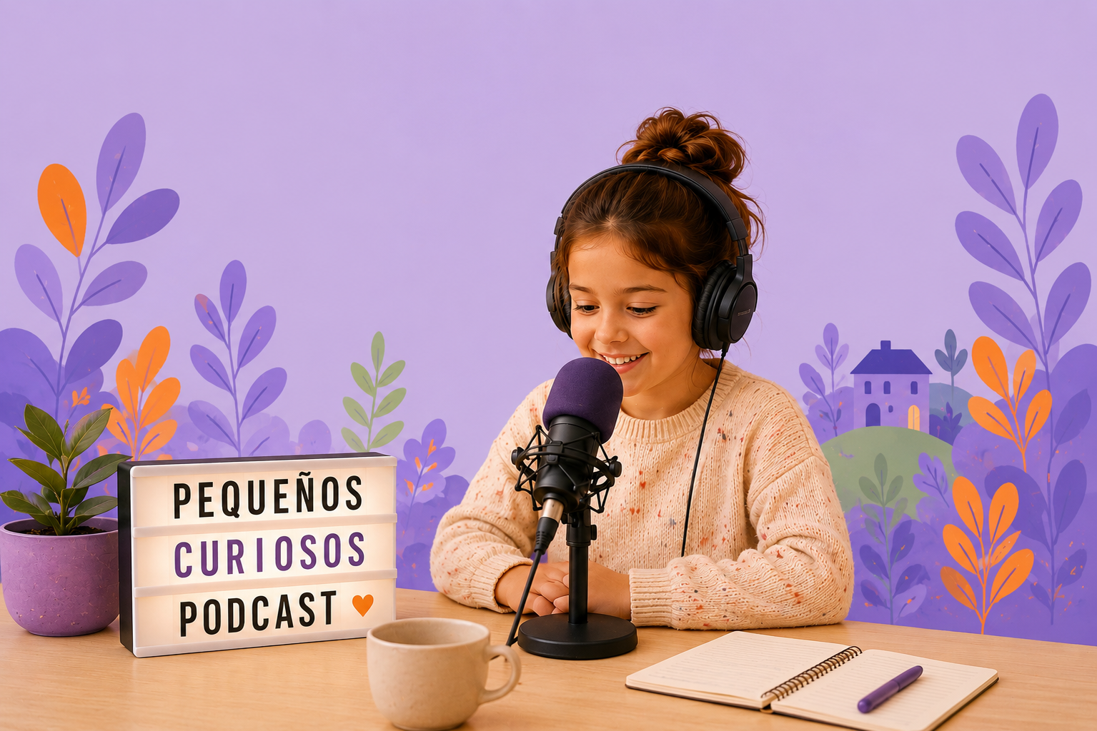 Niña con auriculares delante de un micrófono